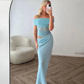 LIZAKOSHT  -  Elegant Sexy Long Dress Women Off Shoulder Hollow Out Sleeveless Patchwork Mesh Robe Female 2025 Spring Summer Chic Solid Robe